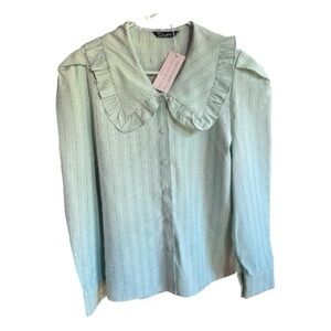 NWT Mint Green Pinstripe Peter Pan Ruffled Collar Blouse Pleated Long Sleeves S